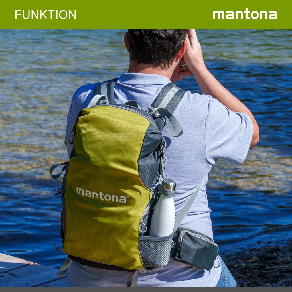 Zaino per fotocamera Mantona elementsPro 30 V2 - zaino per esterni con sistema di trasporto ergonomico, imbottitura traspirante, supporto per treppiede e copertura antipioggia, ideale per fotocamere DSLR e di sistema, verde