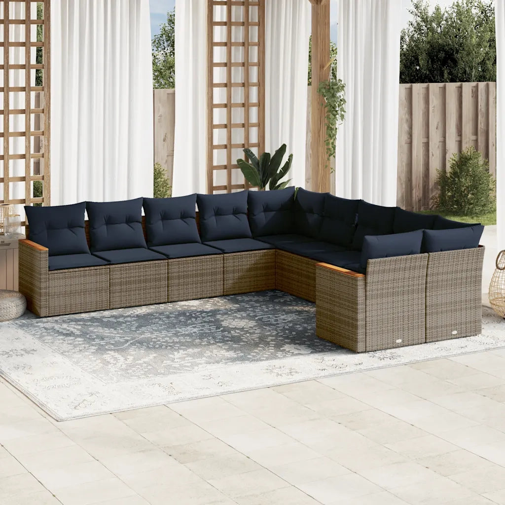 Set Divani da Giardino 10 pz con Cuscini Grigio in Polyrattan 3226355