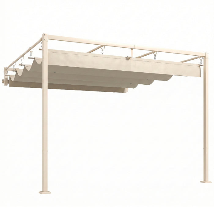 Pergola Addossata 3x3 m con Tetto Retrattile Scorrevole UV30+ e Fori di Drenaggio Beige