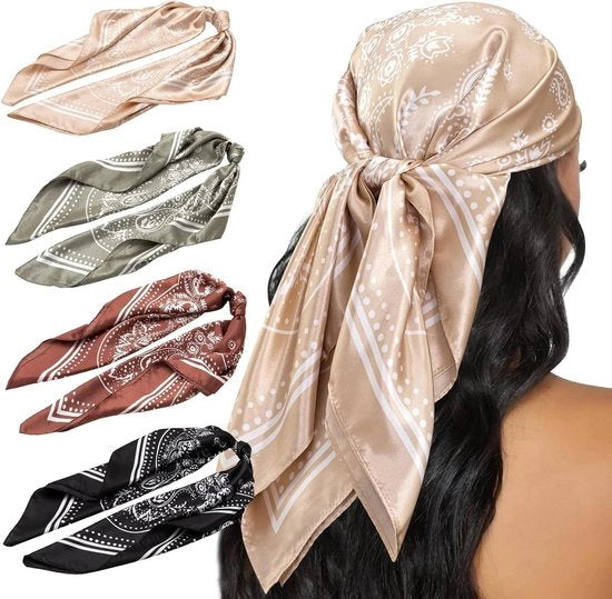 Sciarpe per donna - Grande sciarpe quadrata in seta - Disegno classico bandana - Avvolgimenti capelli - Nero chiaro verde marrone khaki - Set di 4