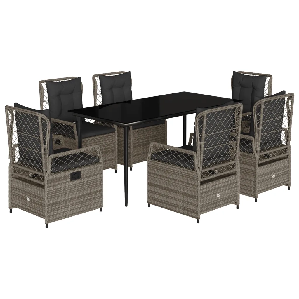 Set da Pranzo da Giardino 7 pz con Cuscini in Polyrattan Grigio