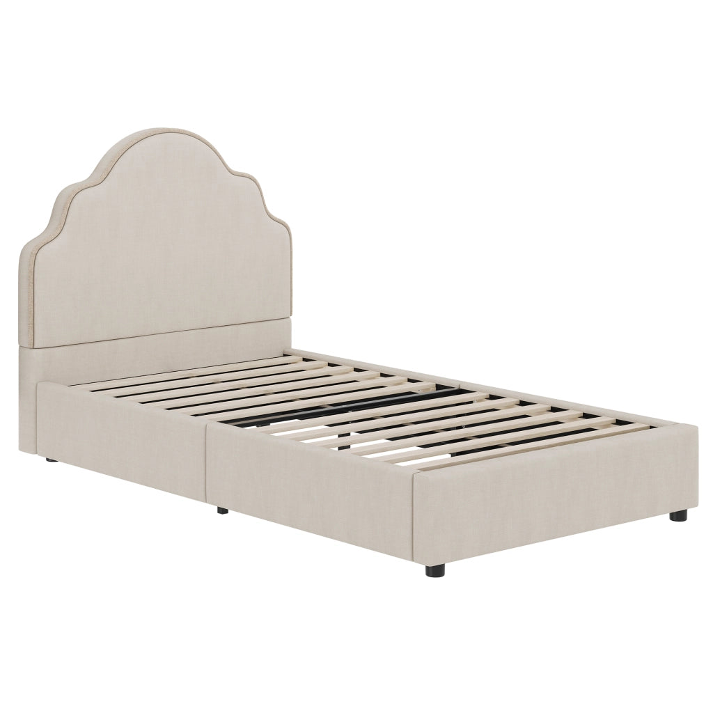 Letto singolo imbottito 90x200 cm con testiera curva, in lino beige, con rete a doghe, senza materasso