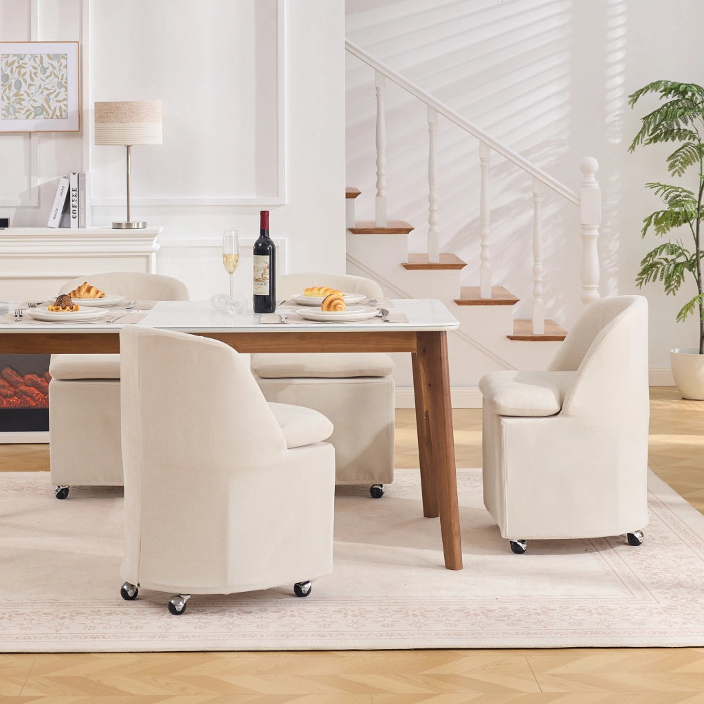 Set 2 sedie da pranzo in chenille beige con ruote girevoli 360°, senza braccioli, rivestimento sfoderabile