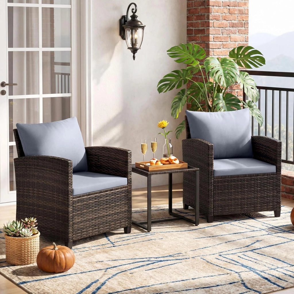 Set Mobili da Giardino 3 Pezzi, Salotto da Esterno in Rattan PE con 2 Poltrone e 1 Tavolino in Vetro Temperato, Set da Conversazione con Cuscini Sfoderabili per Patio (Grigio, Modello 5)