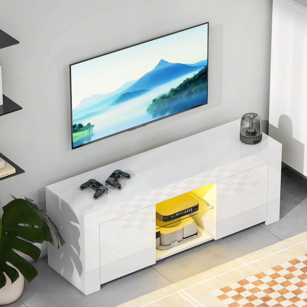 Mobile TV con LED, 2 ante, ripiano in vetro, foro cavi, per soggiorno, truciolato, bianco ¨C Minimal ¨C 120x30x