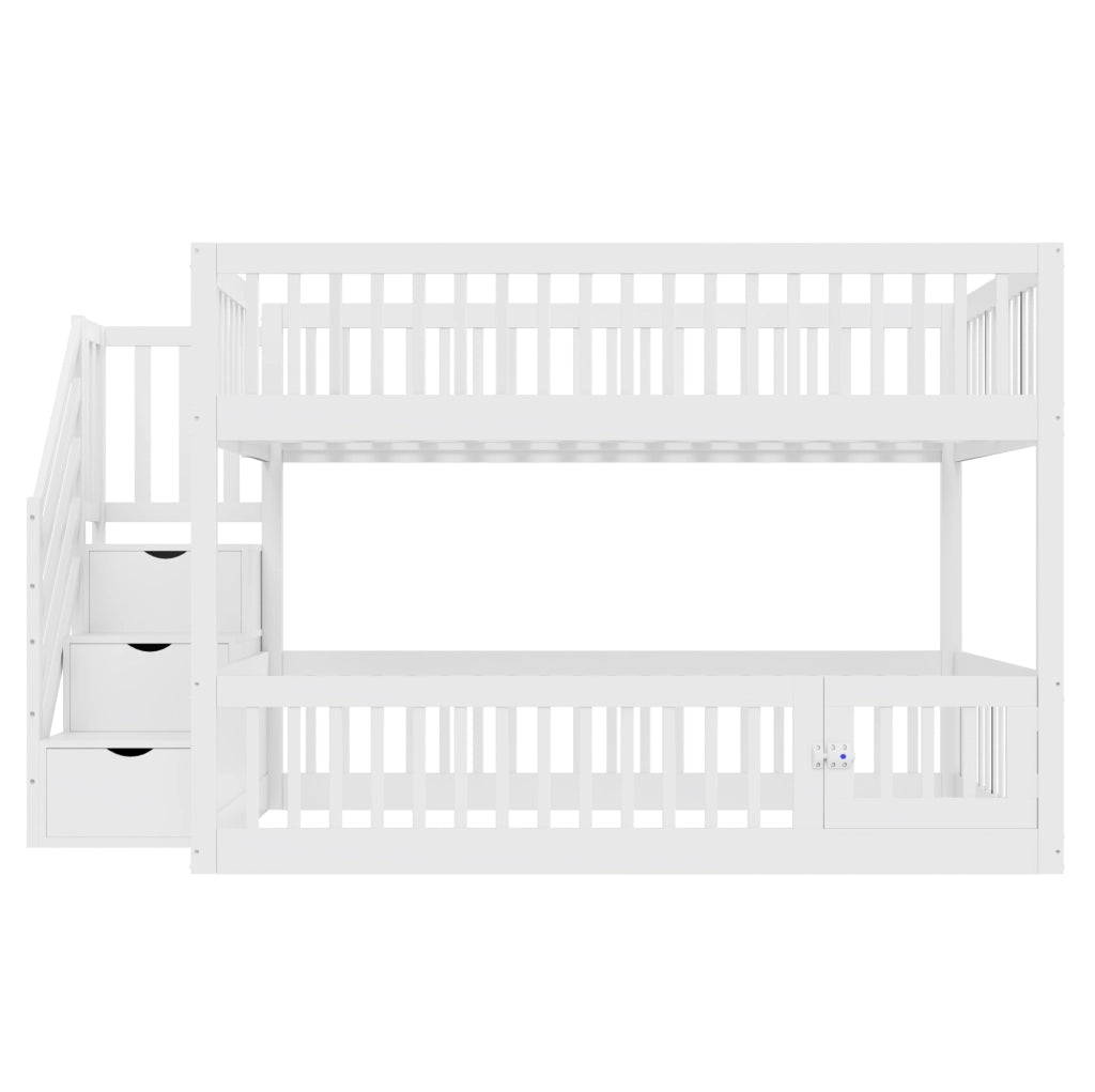 Letto a castello 140x200 cm con scala e cassetti in legno bianco