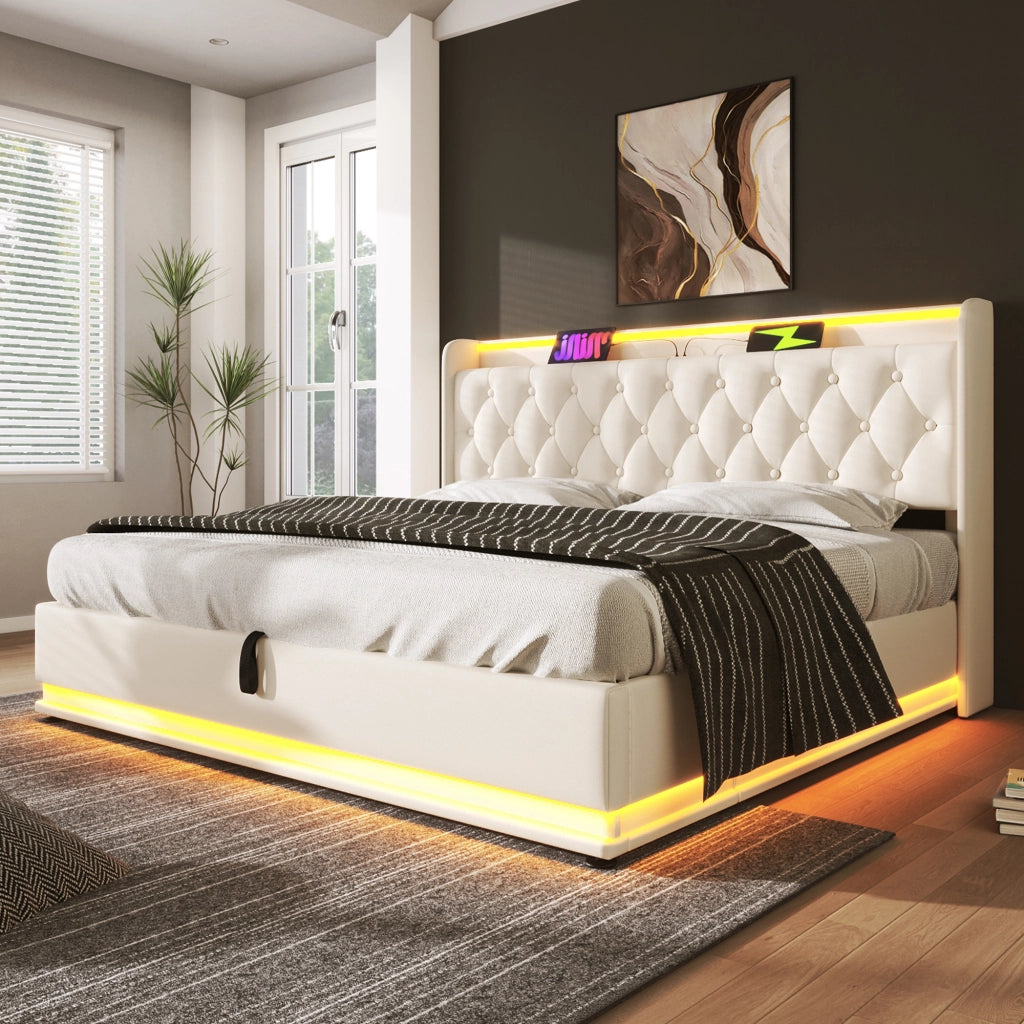 Letti contenitori 140x200 cm; LED 360° e USB Type-C; PU bianco (Senza materasso)