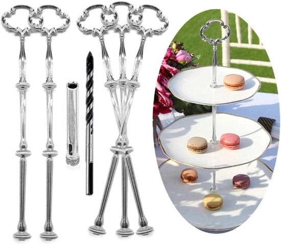 Kit di accessori per supporto piatto di torta 5 set per 2/3 livello torta da matrimonio - Maniglie per supporto piatto di torta e staffa centrale - Piastre d'argento escluse