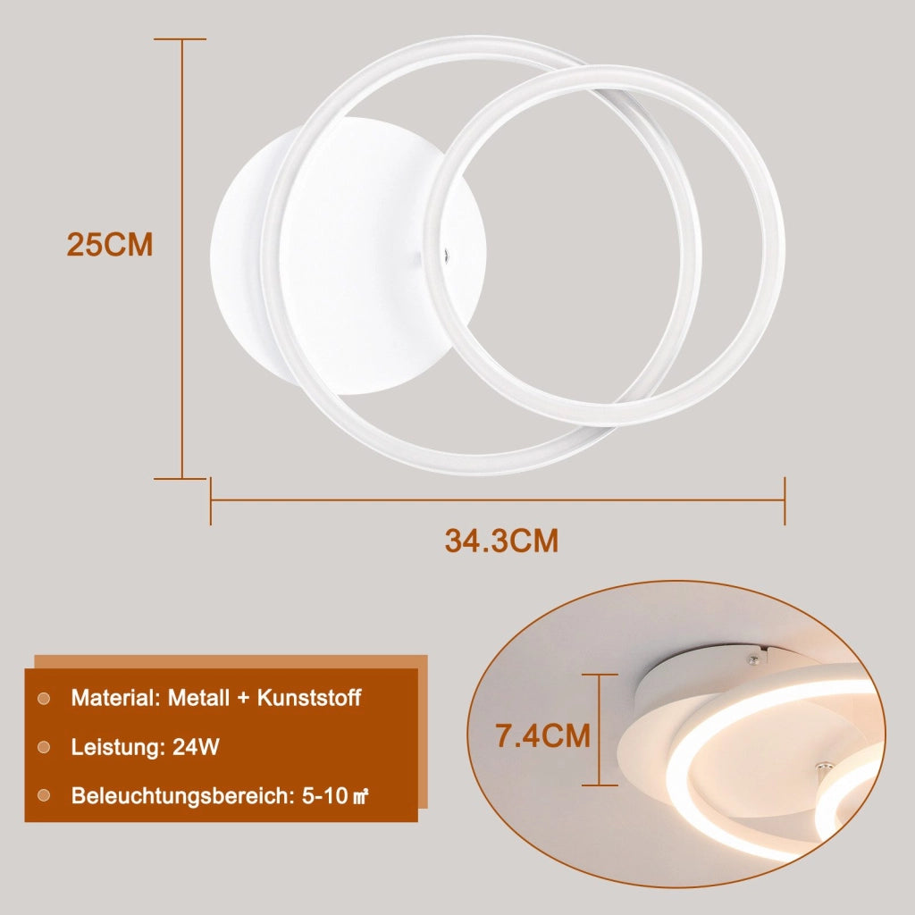 ZMH Lampada da soffitto plafoniera LED moderna 2 anelli rotonda 24W 3000K per soggiorno corridoio hotel
