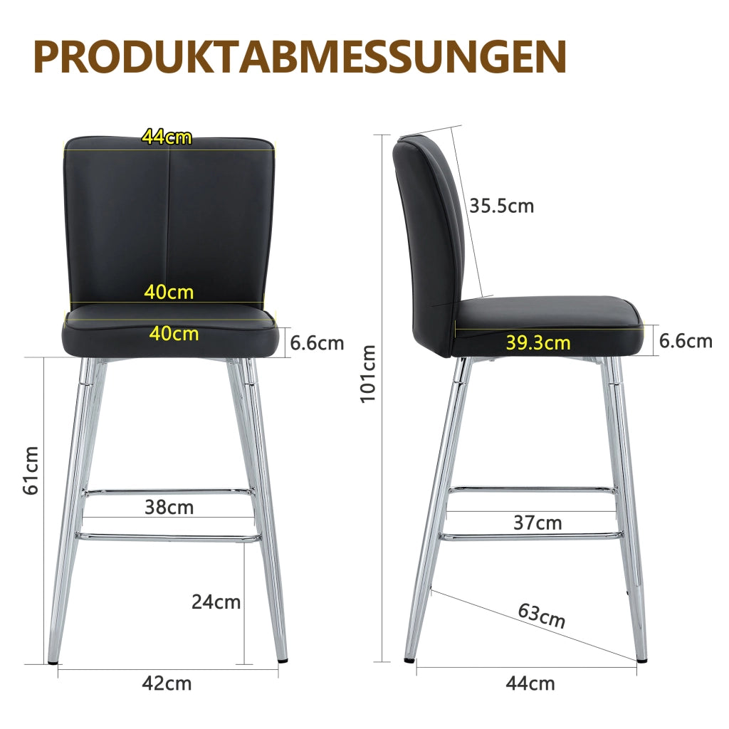 Set di 2 Sgabelli da Bar con Schienale Ergonomico e Poggiapiedi; Metallo e Similpelle; Nero e Argento