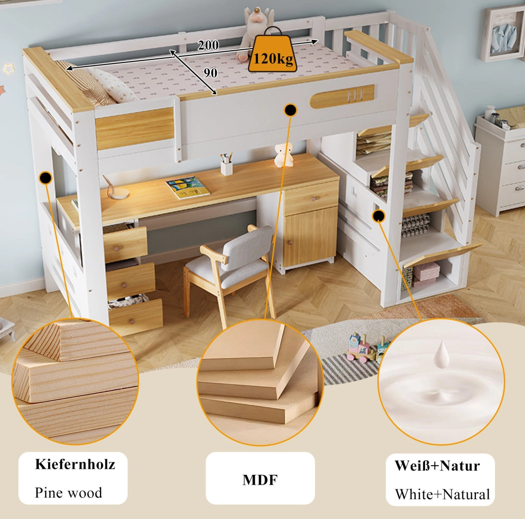 Letto a soppalco 90x200 cm con scrivania e scala contenitore