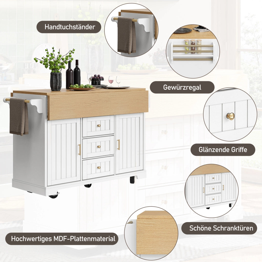 Isola cucina pieghevole 120x80x95 cm con ruote e cassetti