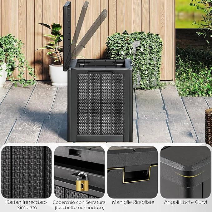 Baule da Esterno 96 L, Cassapanca Contenitore con Coperchio Bloccabile e Tessitura in Vimini, per Giardino e Cortile, 56 x 41 x 50,5 cm (Nero)