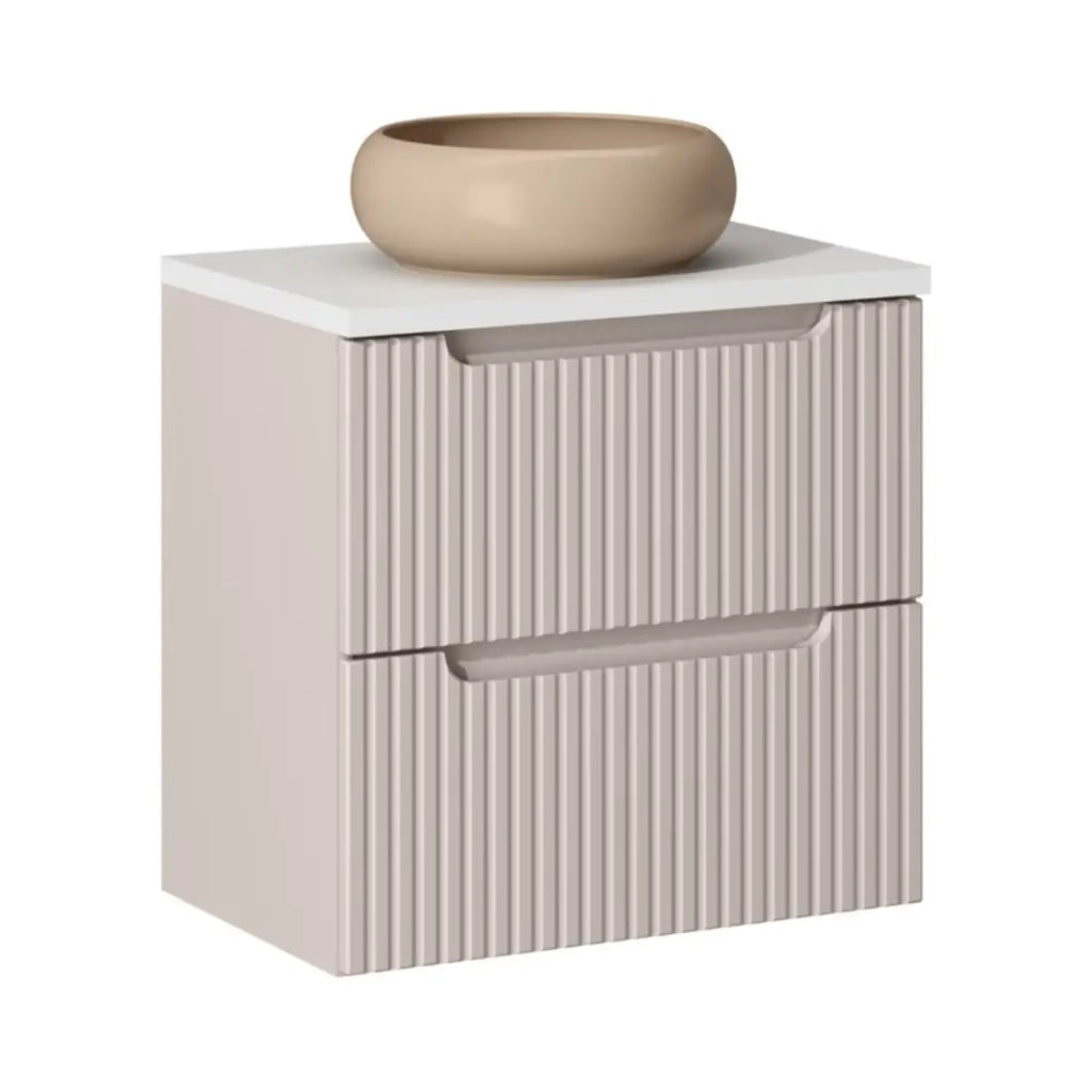 Set VANO cashmere e bianco 60cm: mobile sottolavabo con cassetti + piano per lavabo + lavabo da appoggio marrone cappuccino