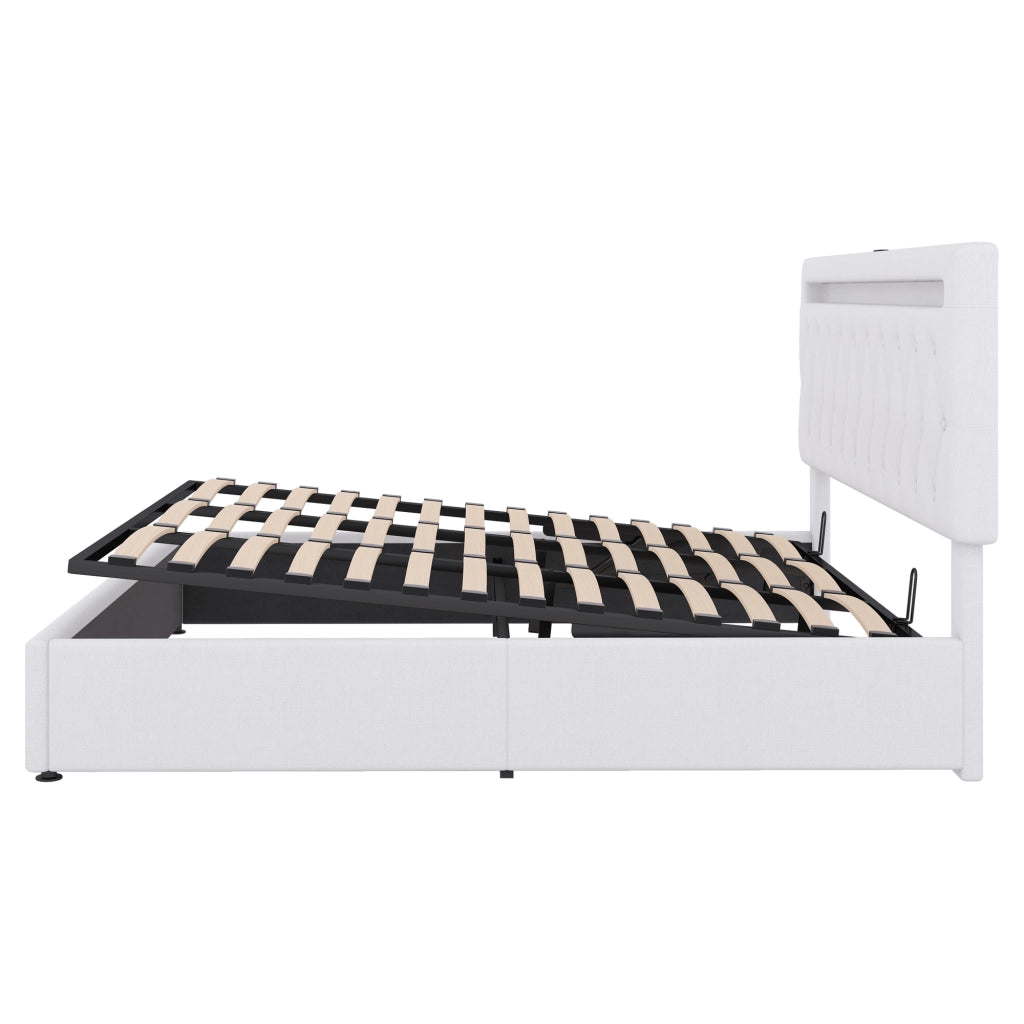 Letti contenitori 180x200 cm con sollevamento idraulico; LED USB; lino e MDF; bianco