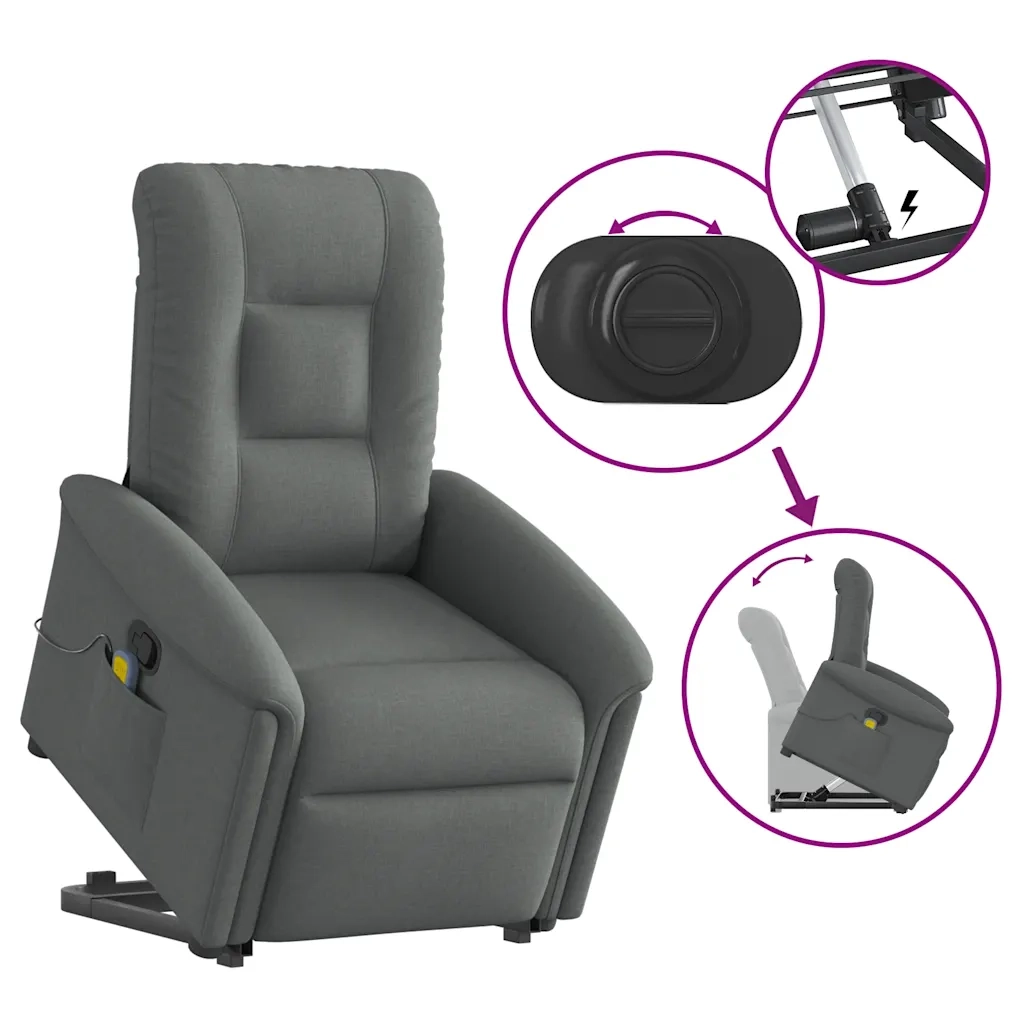 Poltrona | Sedia Relax Alzapersona Massaggi Reclinabile Grigio Scuro Tessuto
