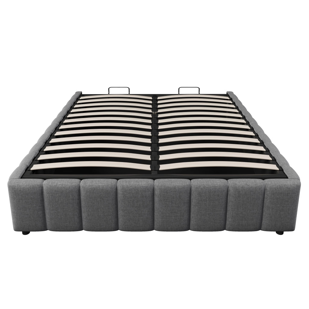 Letti contenitori 140x200 cm con contenitore idraulico; senza testiera in lino e MDF; grigio (Senza materasso)