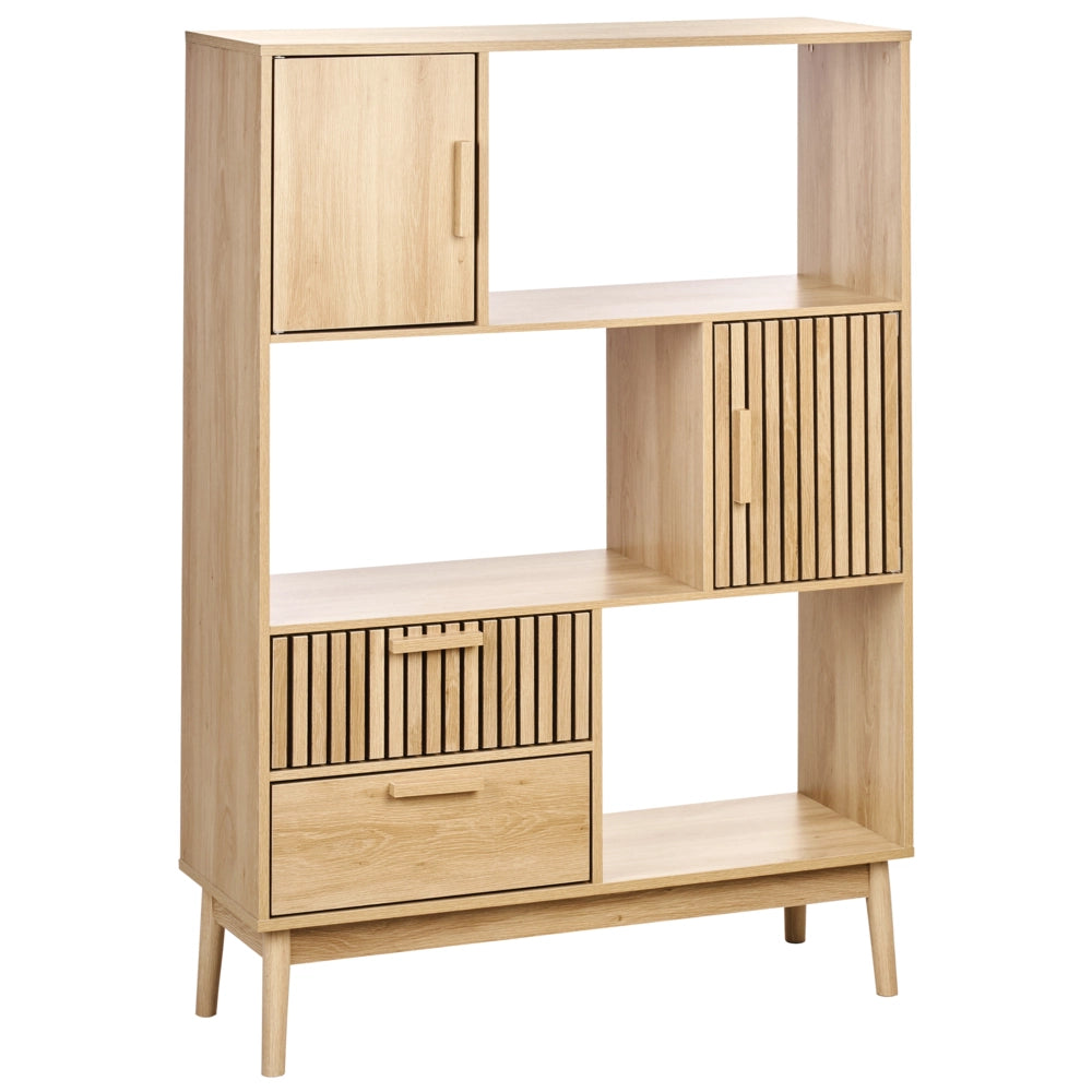 Libreria in legno chiaro MDF gambe in legno di pino 100x35x140 cm 2 cassetti 2 armadi 3 ripiani Scandinavo