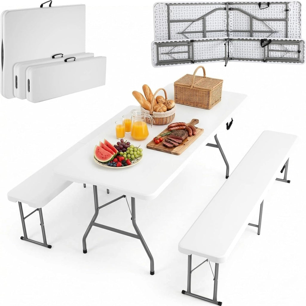Set Tenda da Birra da 3 Pezzi 183cm, 1 Tavolo e 2 pcs Panche Pieghevoli, Set di Mobili da Giardino in Plastica HDPE, Set Birreria con Manico di Trasporto, per Campeggio Picnic Esterno, Bianco
