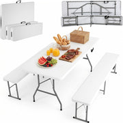 Set Tenda da Birra da 3 Pezzi 183cm, 1 Tavolo e 2 pcs Panche Pieghevoli, Set di Mobili da Giardino in Plastica HDPE, Set Birreria con Manico di Trasporto, per Campeggio Picnic Esterno, Bianco