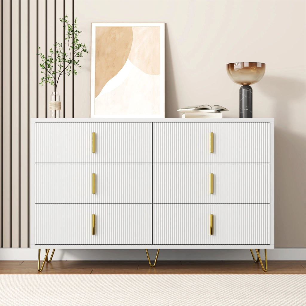 Credenza con 6 Cassetti; Frontale Ondulato; Maniglie e Gambe Dorate; Stile Moderno; in Pannello Truciolare; Bianco+Oro; 120??40??77 cm