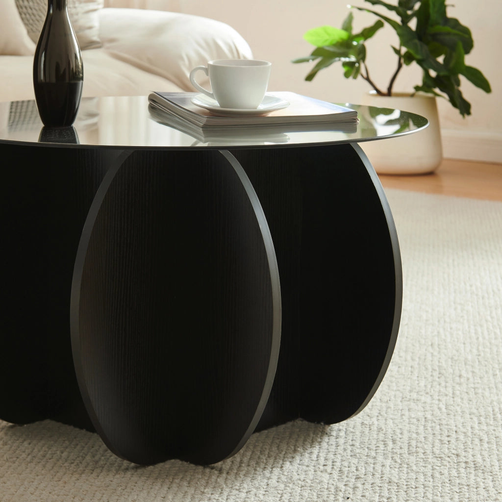 Tavolino da Caffè Karhuvandi con Piano Rotondo in Vetro Fumé Ø70 x 40 cm Grigio/Effetto Legno Nero [en.casa]
