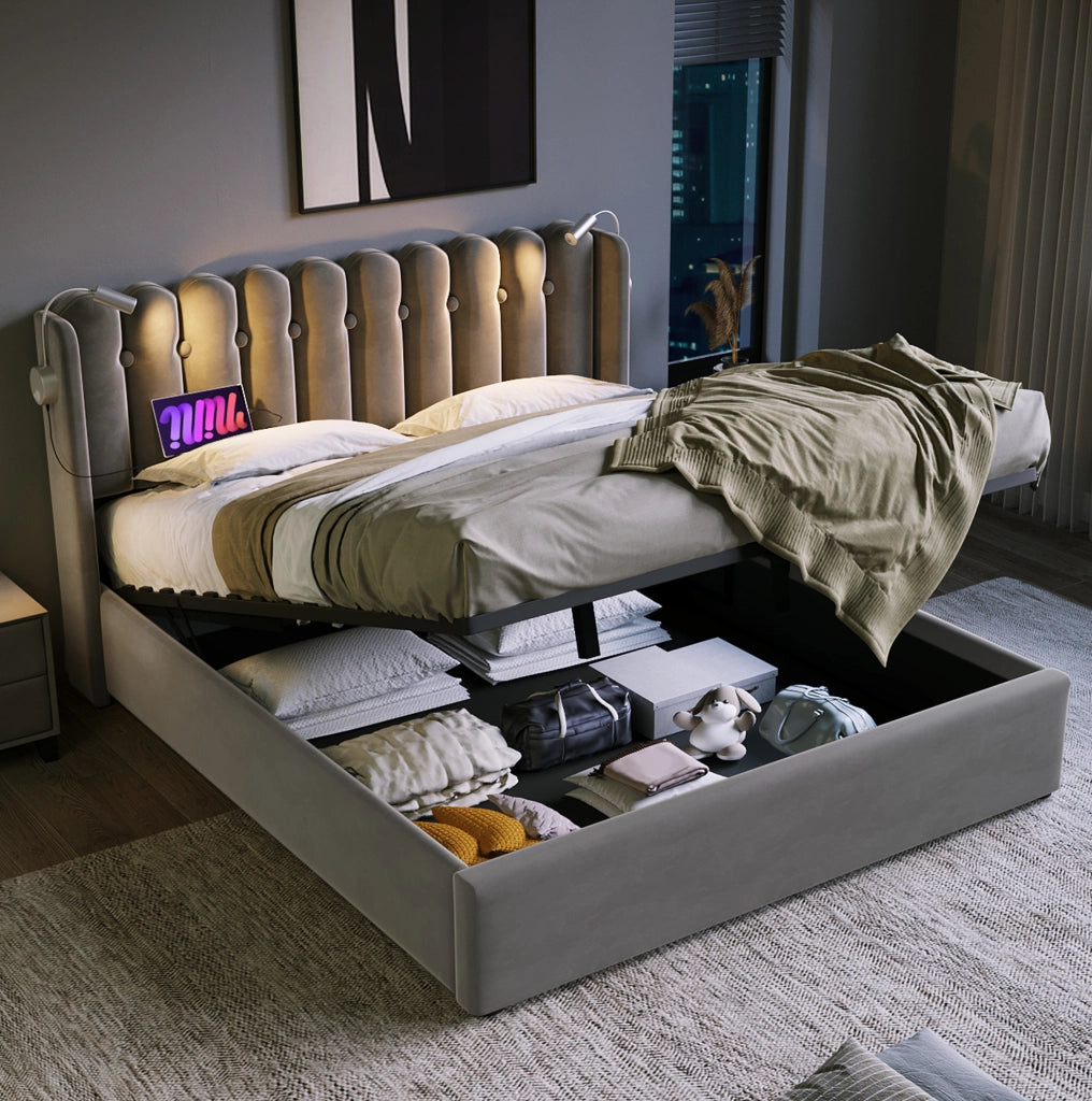 Letto matrimoniale 140x200 cm in velluto grigio con luce da lettura e 2 USB