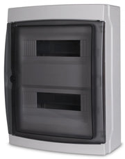 Centralino da parete 24 moduli con portello fumé, grigio RAL 7035, 290x290x140 mm, IP65, ideale per installazioni elettriche interne ed esterne