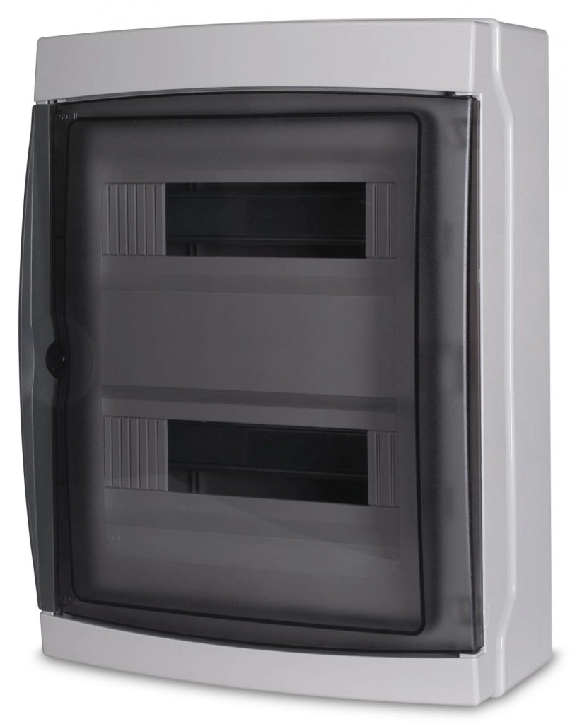 Centralino da parete 24 moduli con portello fumé, grigio RAL 7035, 290x290x140 mm, IP65, ideale per installazioni elettriche interne ed esterne
