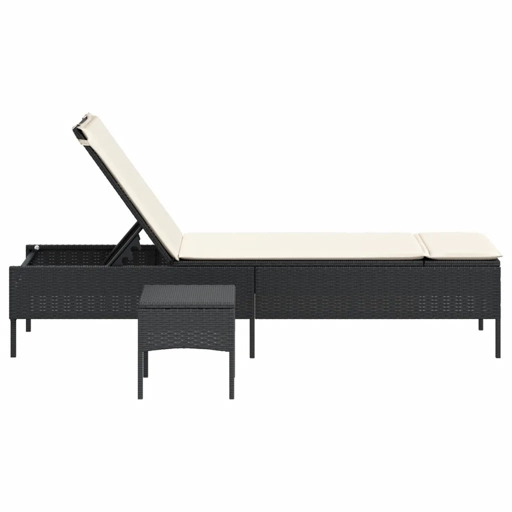 Lettino Prendisole | Sdraio da giardino | Lettino da sole con Tavolo e Cuscino Nero in Polyrattan