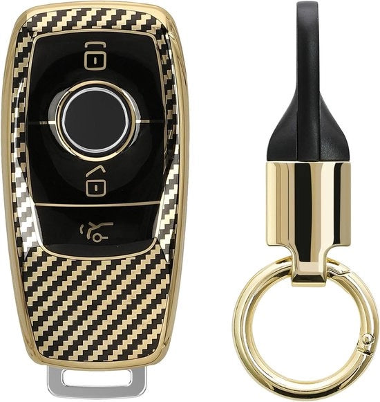Cassaforte per chiavi con anello per Mercedes Smart Key - Custodia per chiavi con catenina - Metallic Carbon oro-nero - Ingresso senza chiave.