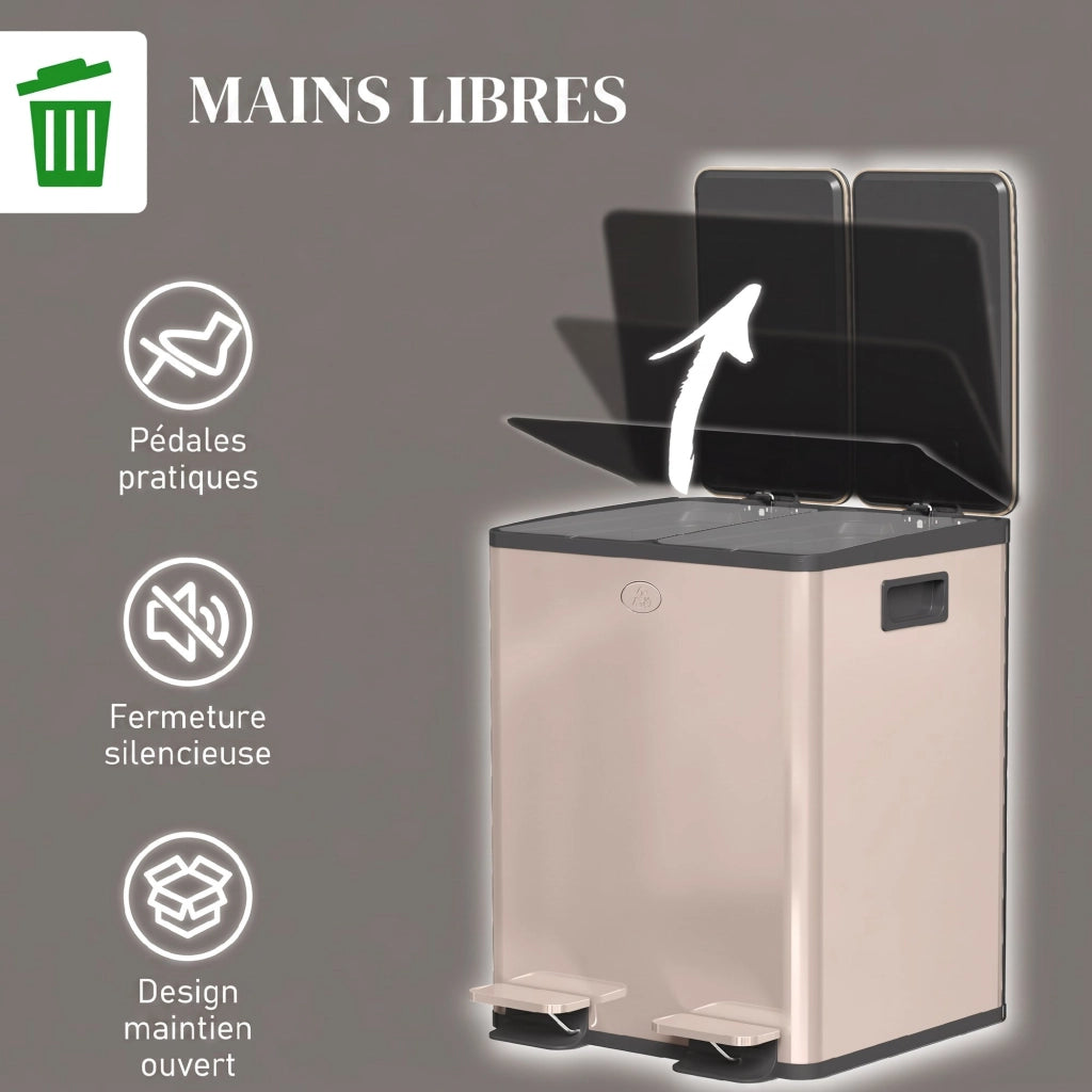 Bidone della spazzatura 2 scomparti 2x20L ¨C zephmum ¨C inox dorato 45.8x36x51.6cm