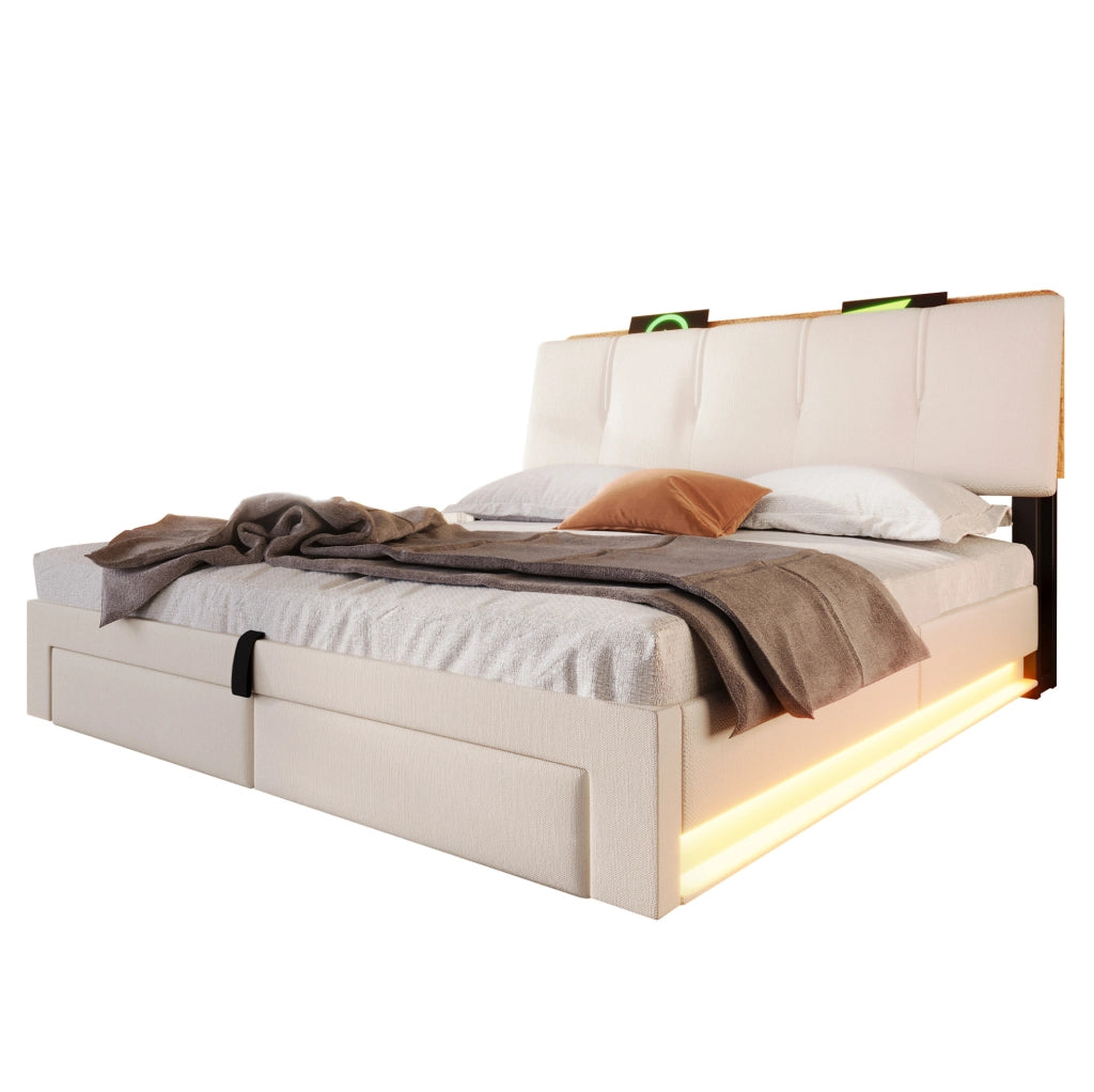 Letto matrimoniale imbottito 140x200 cm con contenitore idraulico; LED; USB e Type-C; beige in lino