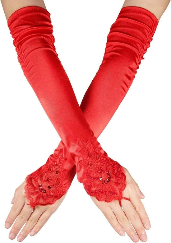 Manopole a lunghe dita e gomiti - Manopole in seta - Rosse - Ideali per matrimoni e mascherate.