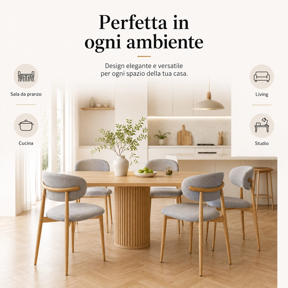 Set 4 Sedie da Pranzo con Gambe in Metallo Effetto Legno e Seduta Tessuto Grigio