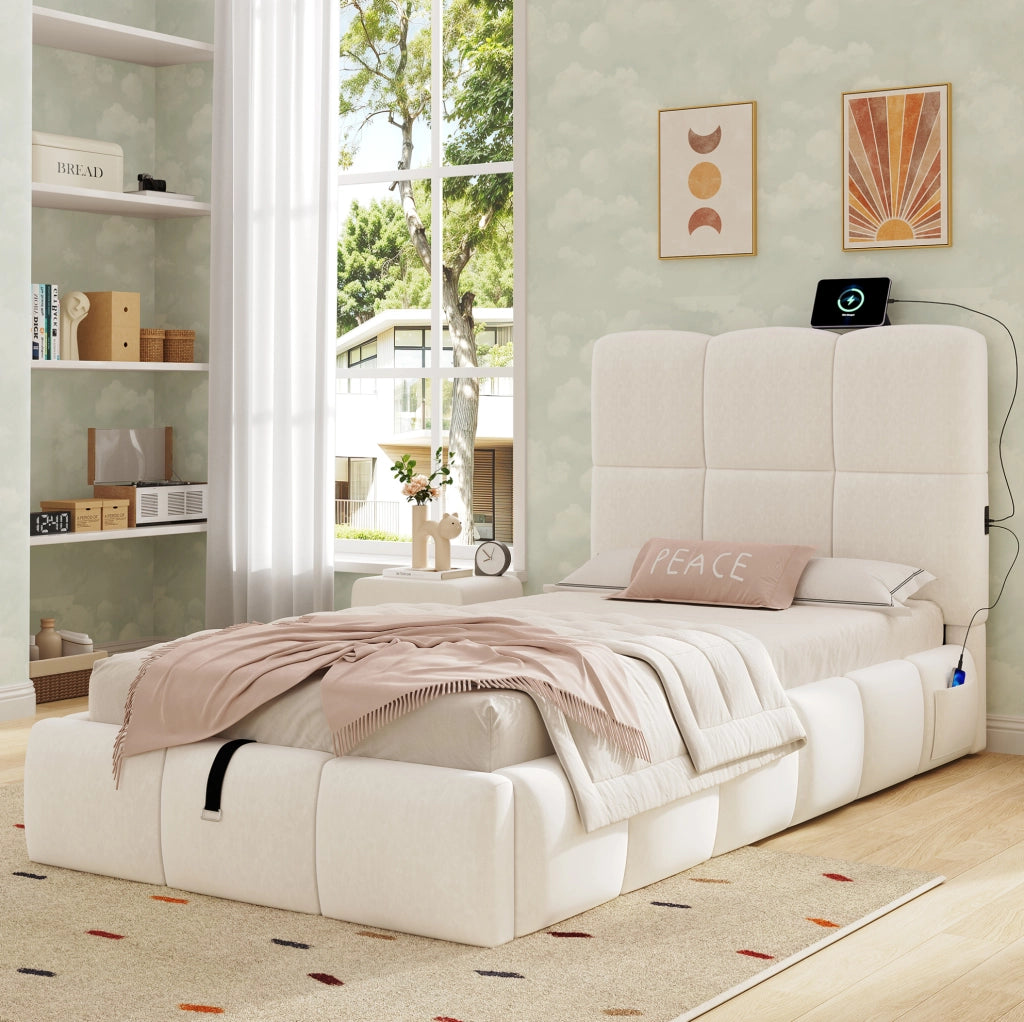 Letto singolo 90x200 cm in velluto beige con contenitore idraulico; rete inclusa e presa USB