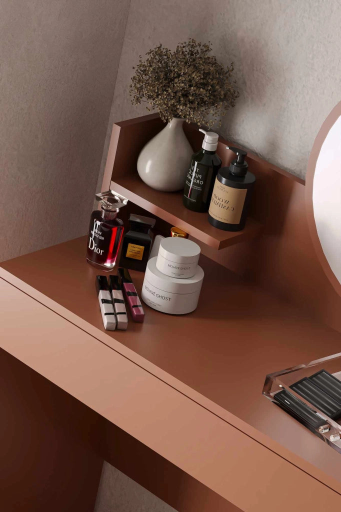Comodino "Harmony Mini Round" con specchio in legno - 90 x 40 x 133 cm - Terracotta