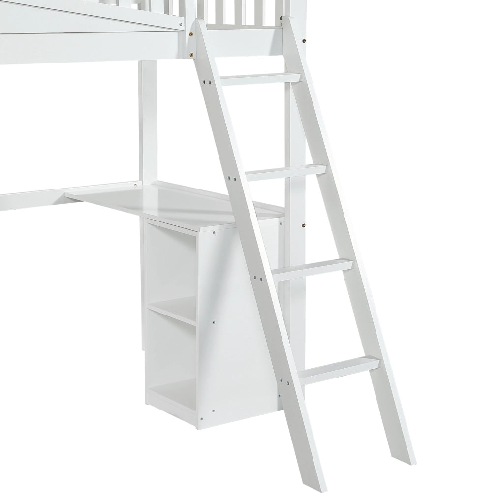 Letto a soppalco ULEVR 90x200 cm con scivolo, scrivania, armadio e ripiani, bianco