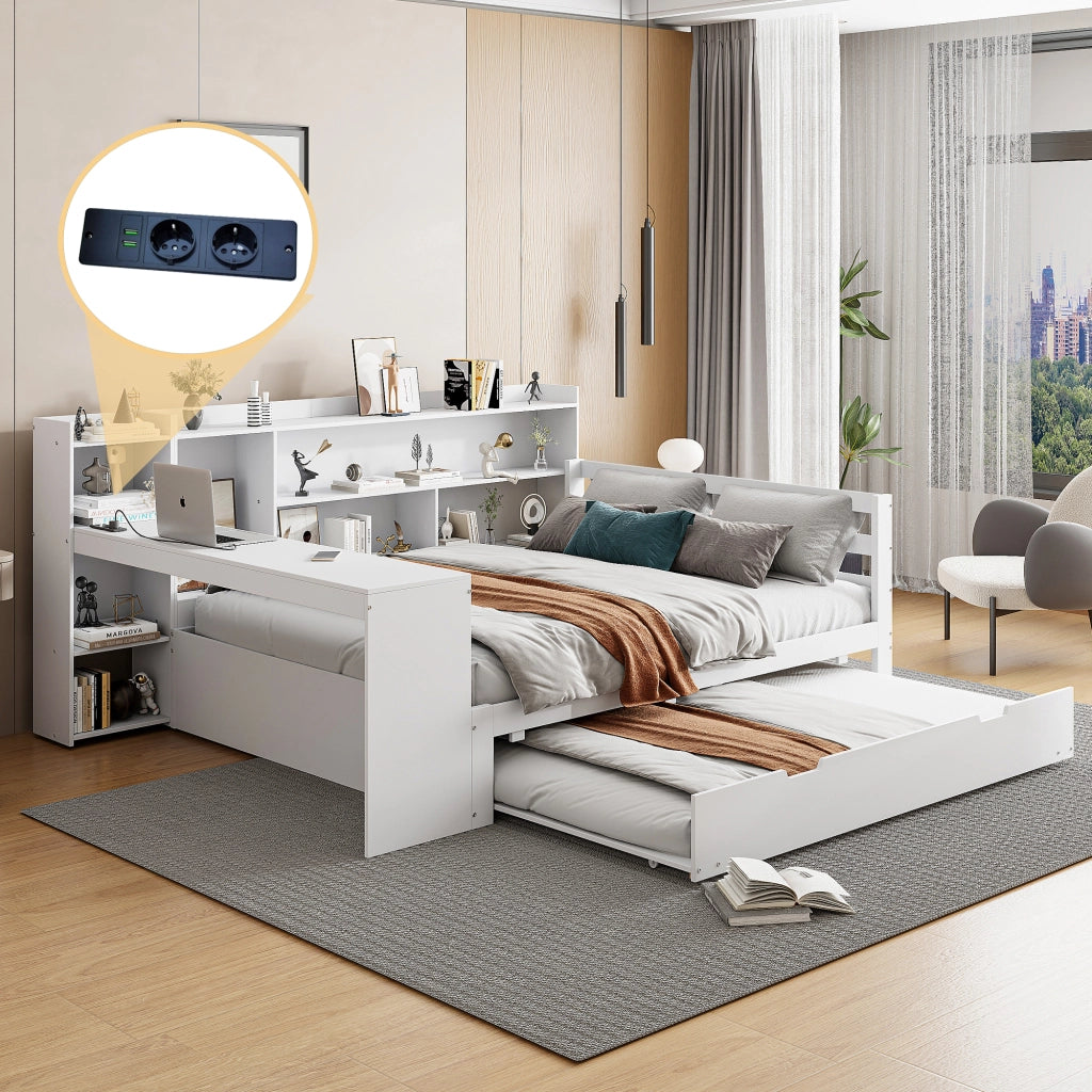 OKWISH Letto Divano 140×200 cm, Letto Matrimoniale con Letto Estraibile, Scrivania, Scaffali, USB e Prese, senza Materasso, in Legno, Bianco