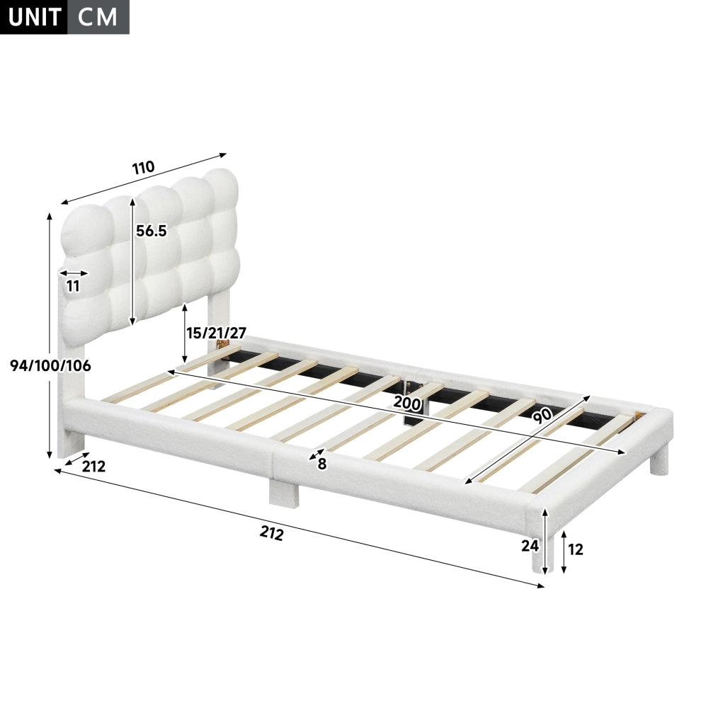 Letto singolo imbottito 90x200 cm con testiera regolabile in tessuto peluche; bianco