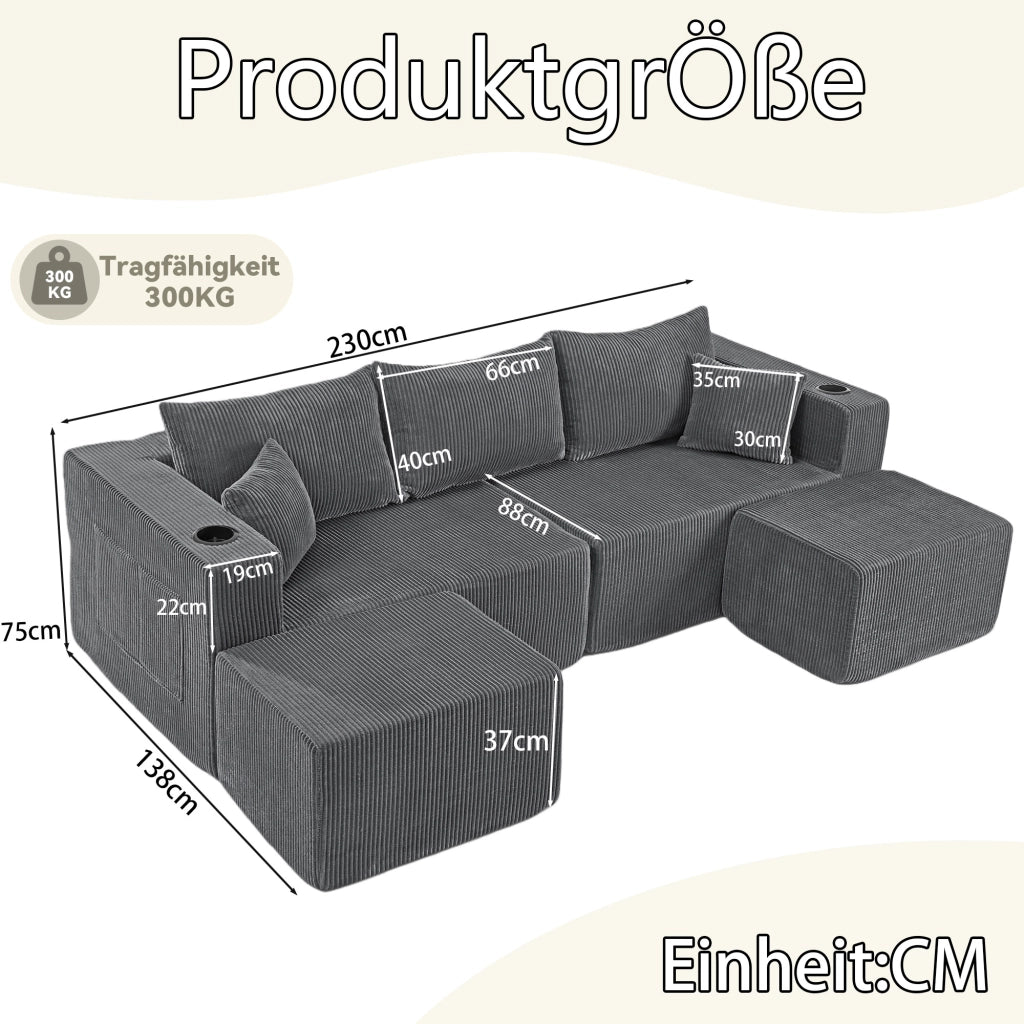 Divano modulare 3 posti - con pouf mobili e portabicchieri - in tessuto a coste grigio