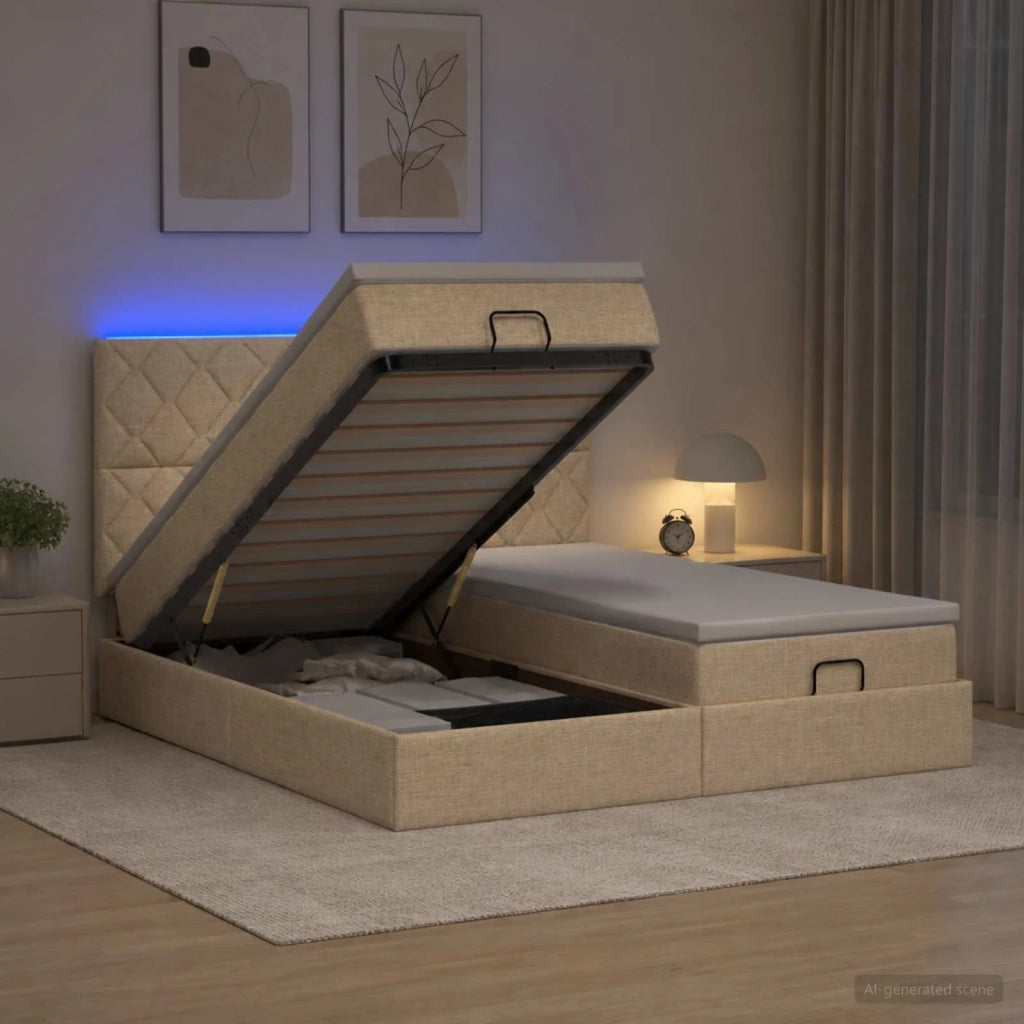 Letto Ottomano con Materasso e LED Crema 180 x 200 cm Tessuto 3458463