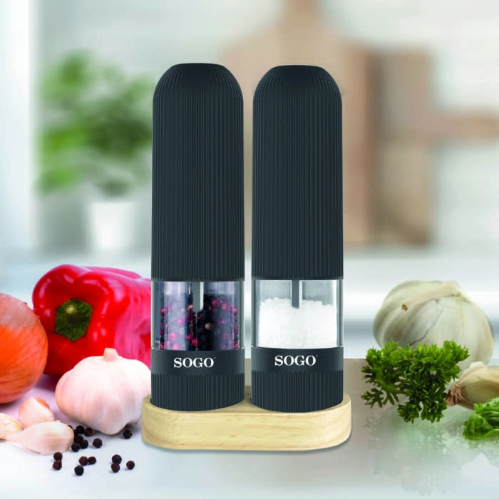 Set macina sale e pepe elettrico con base in legno, luce LED, meccanismo ceramico, 2,7W, funzionamento a batterie - SOGO