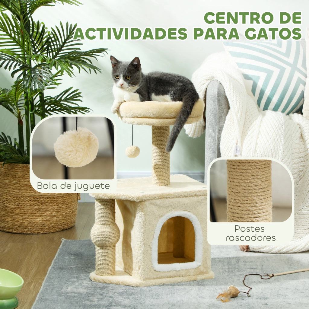Albero per Gatti 66cm ¨C Xylo ¨C con cuccia, piattaforma, palla pendente e palo in iuta beige