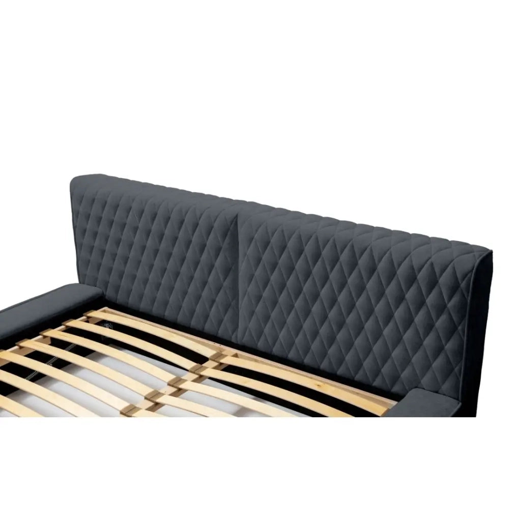 Letto contenitore VERNON – Tessuto bouclé chenille Blu carbone – 140x200 cm – Rete a doghe sollevabile – Design di alta gamma