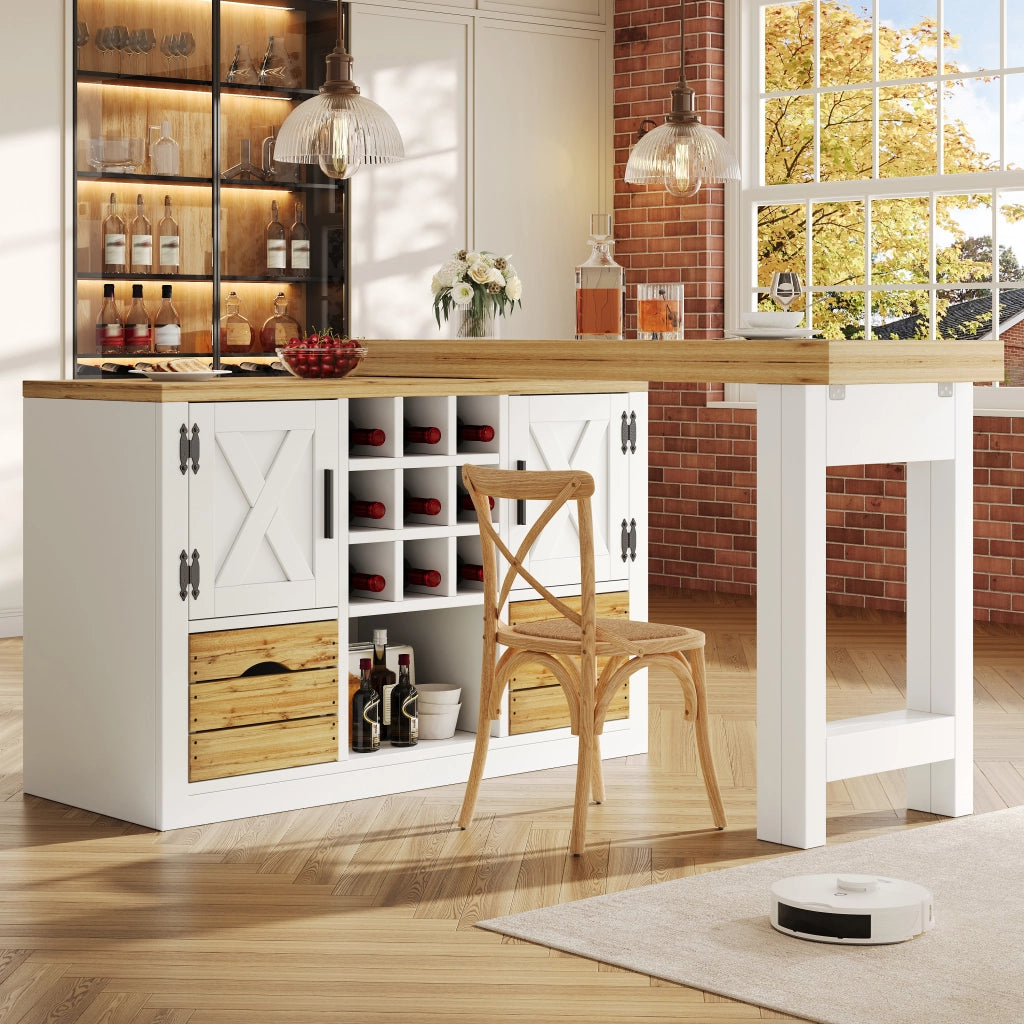 Tavolo da pranzo estensibile con madia, piano girevole a 360°, 1 cassetto e portabottiglie, per cucina, in MDF, bianco