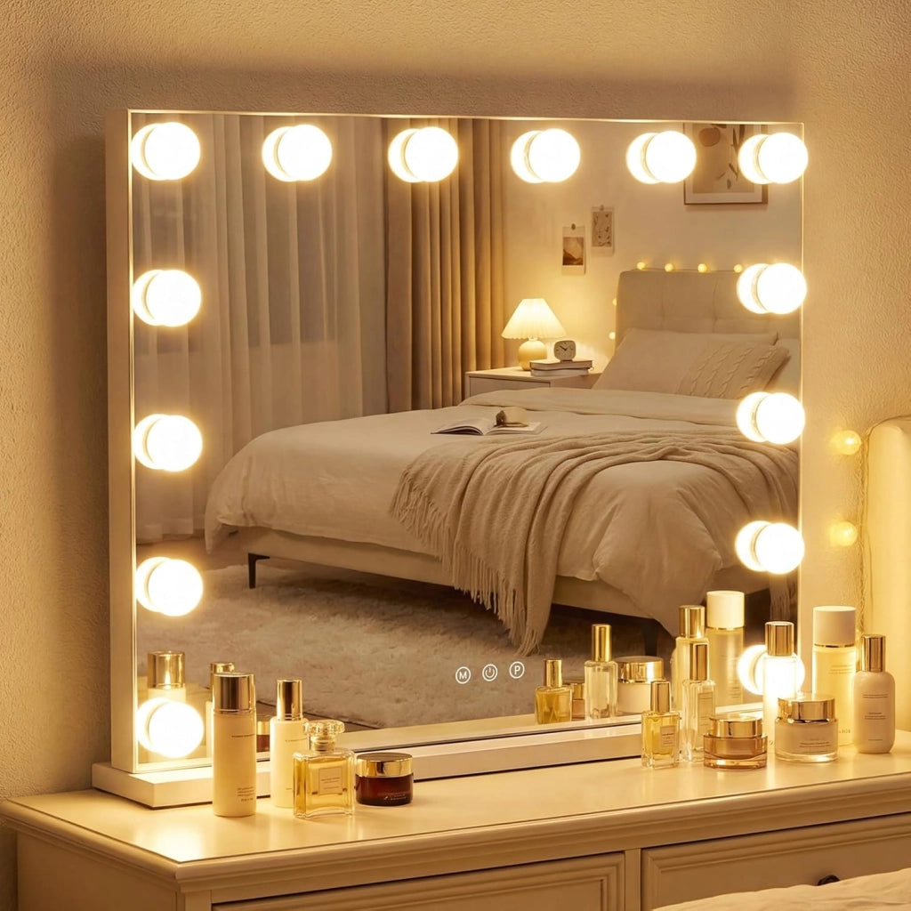 Specchio per Trucco Illuminato, Specchio da Tavolo con 14 Luci LED e Specchio con Ingrandimento 5X, Specchio da Toeletta con 3 Colori e Luminosità Regolabile, 50x43 cm