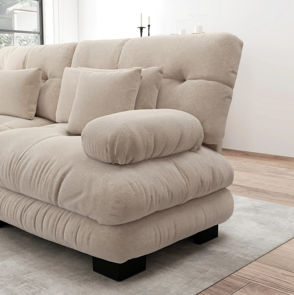 Divano angolare modulare 4 posti in chenille vintage beige chiaro con pouf mobile