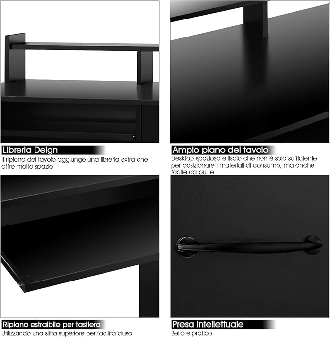 Scrivania da Studio con Cassetti, Tavolo Porta PC per Computer Moderno, con Ripiani, Legno (Nero)