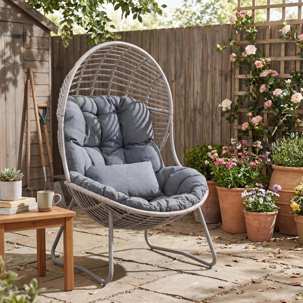 Poltrona da Giardino in PE Rattan, Sedia Relax a Nido con Cuscino Imbottito, Sedile Ampio e Telaio in Metallo, Poltrona per Lettura, Lounge e Riposo, per Esterno e Interno, Max 150 kg, Grigio